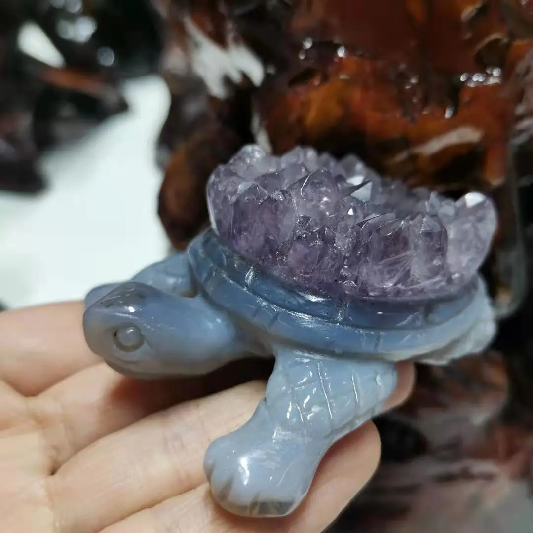 Nautrual Hand carved Amethyst tortoise quartz crystal cluster Turtle figurine