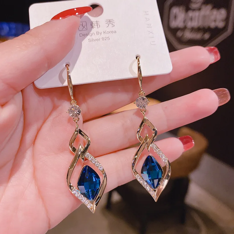 2021 Trendy Korean Long Earrings For Women Blue Crystal Geometry Elegant Female Dangle Drop Earrings Fashion Jewelry Accessories