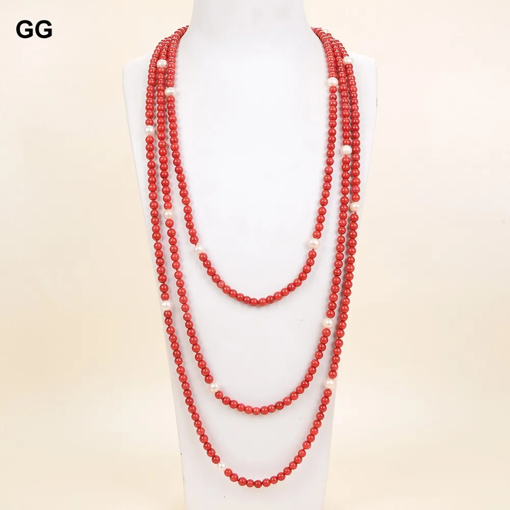 

GG 100" Freshwater Natural White Pearl Red Round Coral Beads Long Necklace