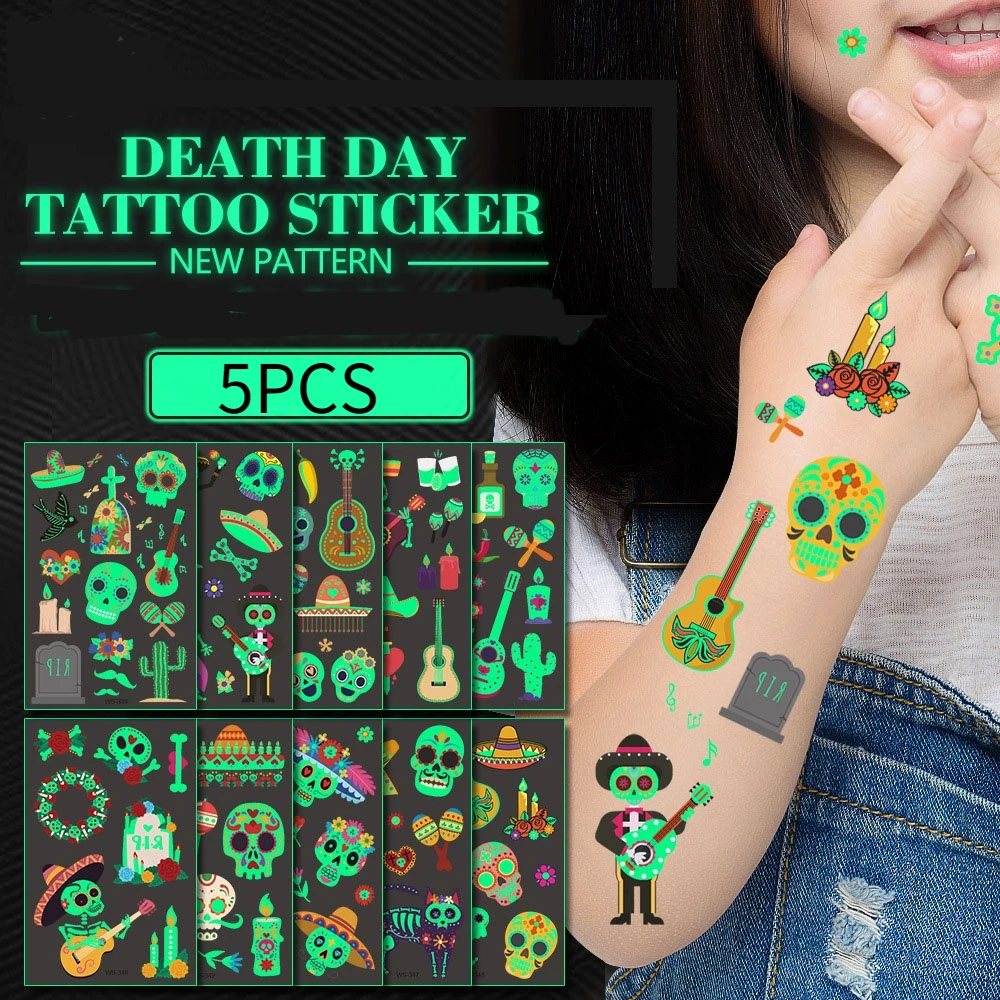 5PCS Mexico Day of The Dead Luminous Tattoo  Sticker Children\'s Cartoon Waterproof Guitar Skull Sticker Tattoo Sticker