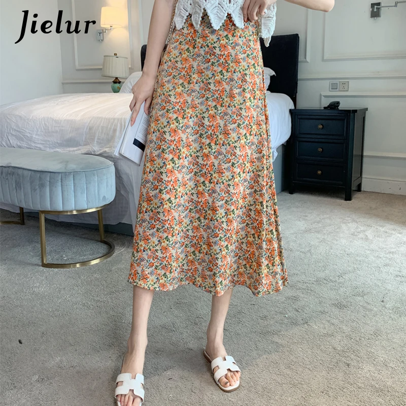 Jielur 2021 Fashion Floral Chiffon Rock Weibliche Lose A-linie Hohe Taille frauen Röcke Romantische Ölgemälde Druck Dame Faldas