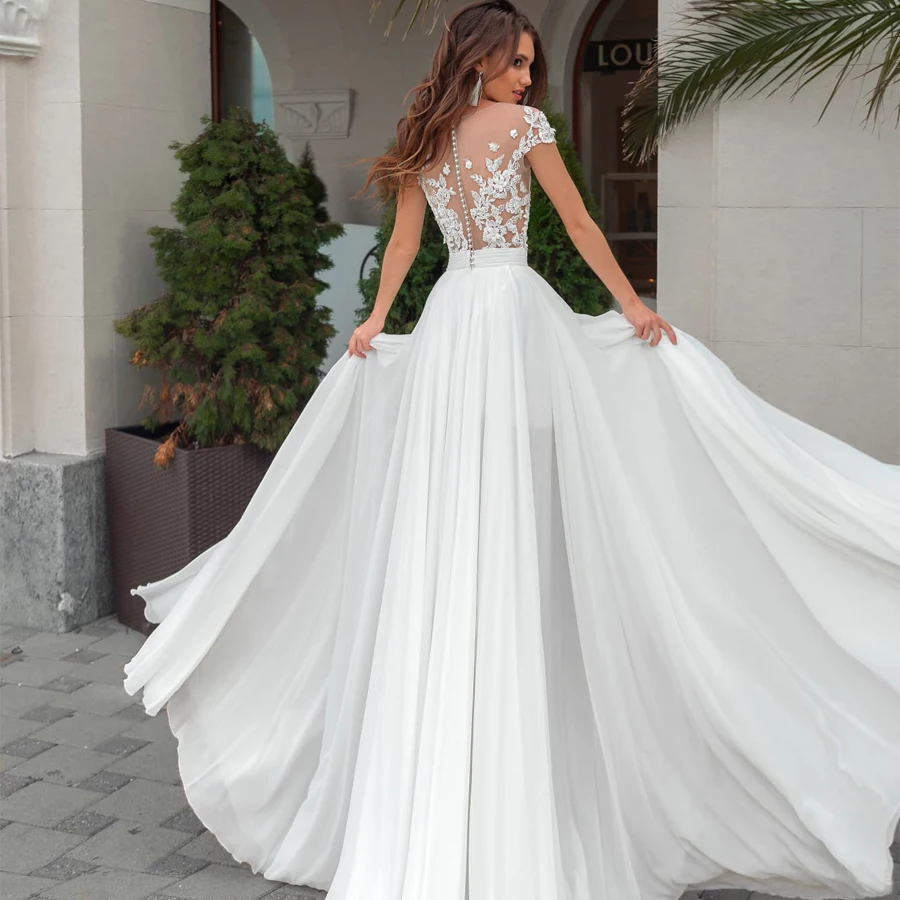 New Sexy Illusion Wedding Dresses Cap Sleeve Beaded Applique A-line Chiffon  Vestidos De Novia вечернее платье2024 فساتين السهرة