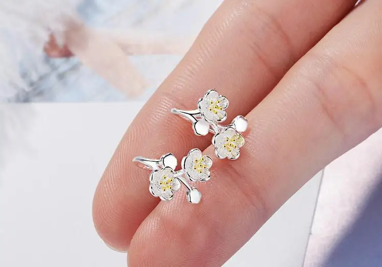 Cold Design 925 Sterling Silver Cherry Blossoms Flower Earrings Women Fine Jewelry oorbellen Boucle d\'oreille S-E792