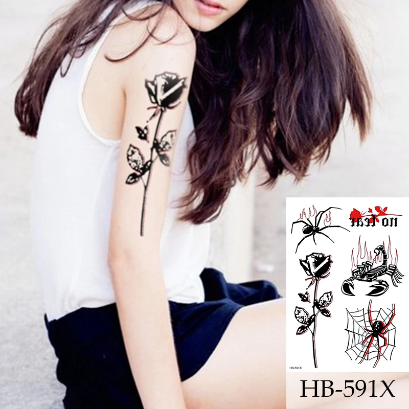 1Sheet Black Rose Spider Waterproof Temporary Tattoo , Women Fashion Sleeve Fake Tattoo For Girls Kids