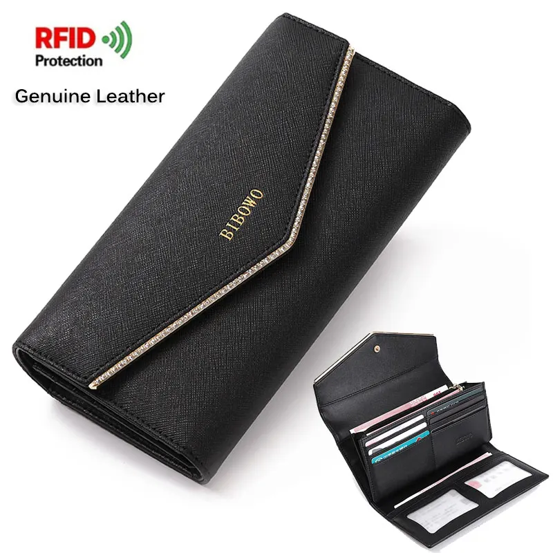 Fashion Luxury Design Genuine Leather Wallet for Woman RFID Blocking Trifold Long Cluth Multi Card Holder Organizer Ladies Purse