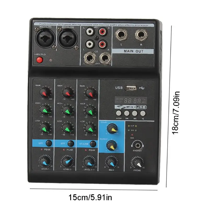 

2024 New Professional Audio Mixer 4 Channels Bluetooth Sound Mixing Console for Karaoke