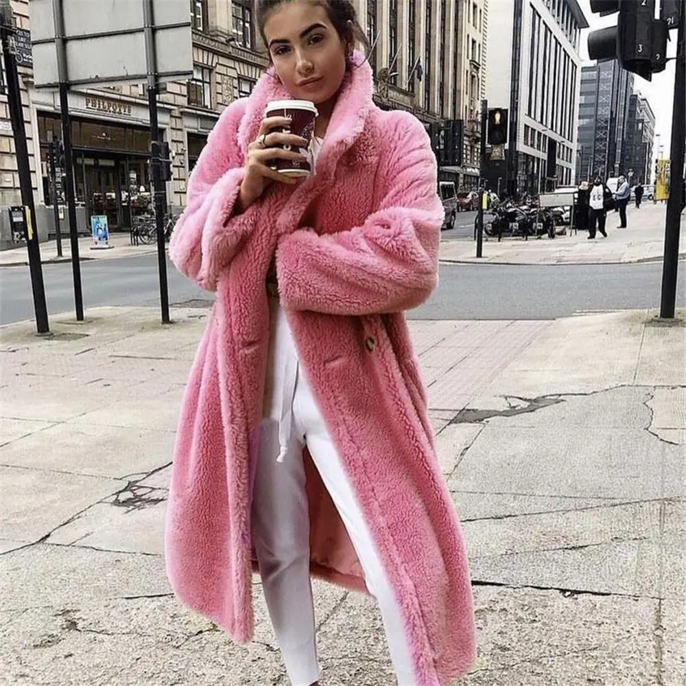 Women Teddy Coat Oversized Luxury Faux Fur Lapel Cardigan 3XL White Pink Warm Fluffy Overcoat