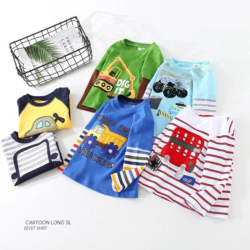 2024 Spring Autumn New 2-9 10Years Children Cotton Striped Patchwork Tees Kids Car Bus Truck Long Sleeve T Shirts For Baby Boys