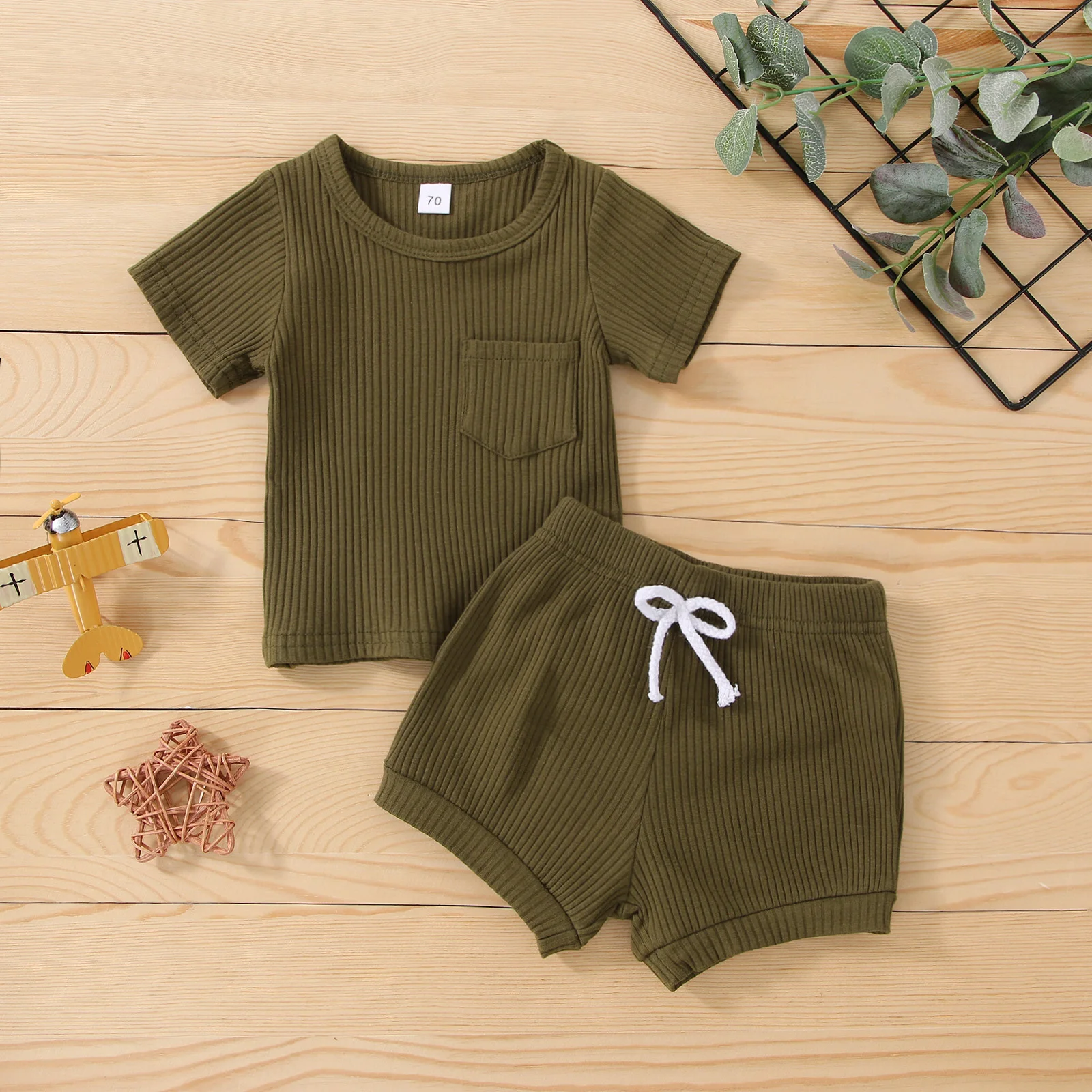 0-24 M Newborn Baby Clothes Summer Outfits Ribbed Knit Short Sleeve T-shirt + Drawstring Short Pant Solid Color Clothes Set