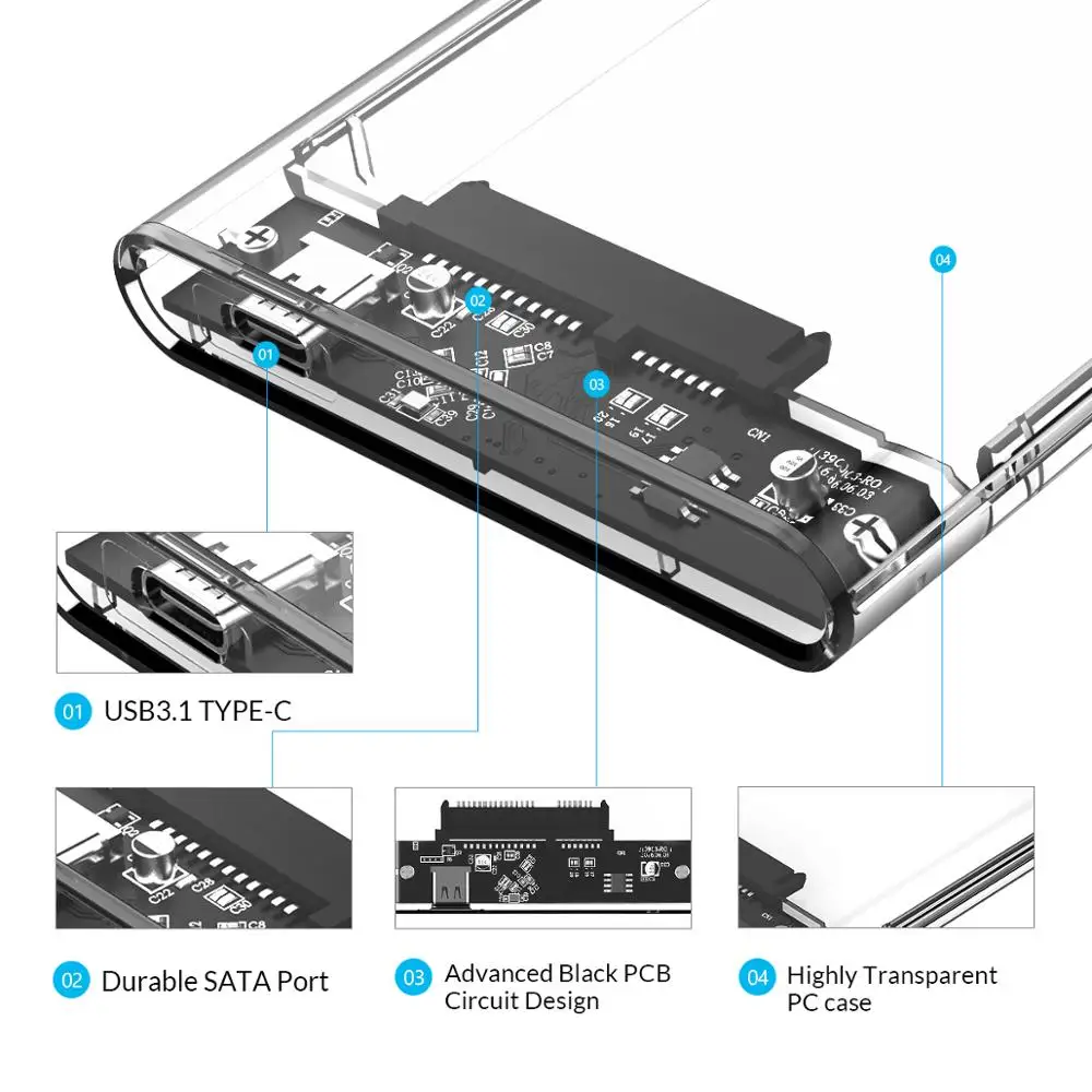 ORICO-carcasa transparente tipo C para disco duro, carcasa para HDD de 2,5 pulgadas, USB3.1, Gen2, 10gbps, compatible con protocolo UASP con Cable