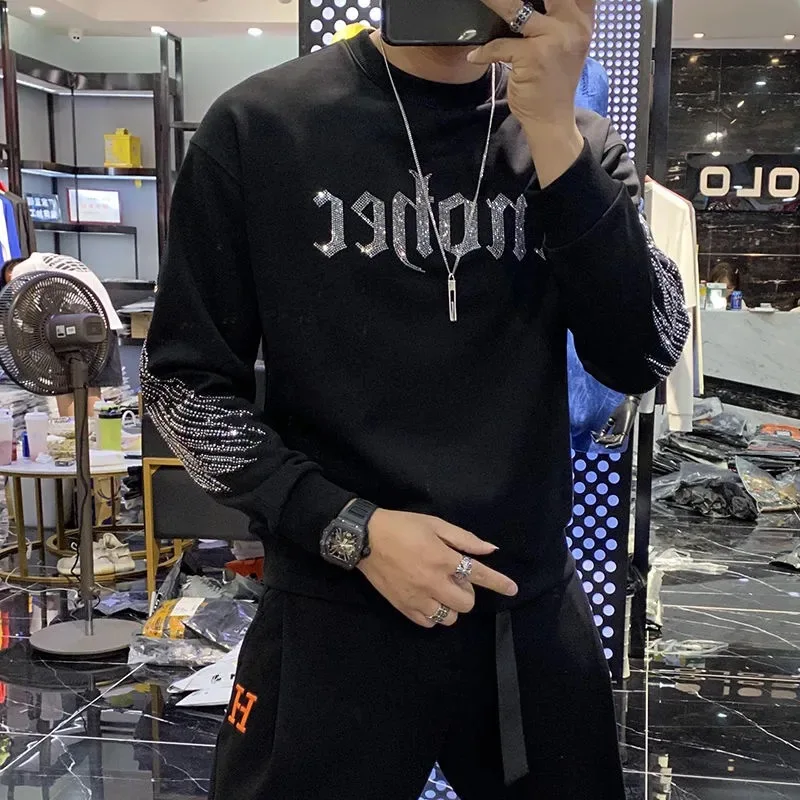 Men's Hoodie Autumn and Winter Leisure Hot Rhinestone Style Heavy Craft Letters Hood Oversize All-match Pullover