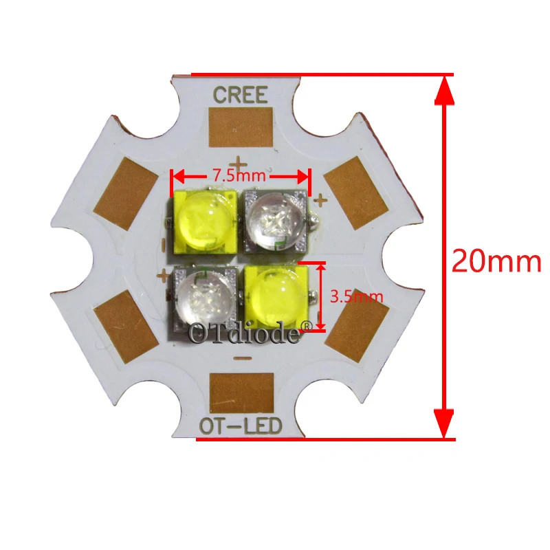 20W  XTE XT-E 4Leds 4Chips Led Emitter Light 3V 6V 12V Cold White Warm Neutral White Royal Blue450nm On 20mm Copper PCB Board