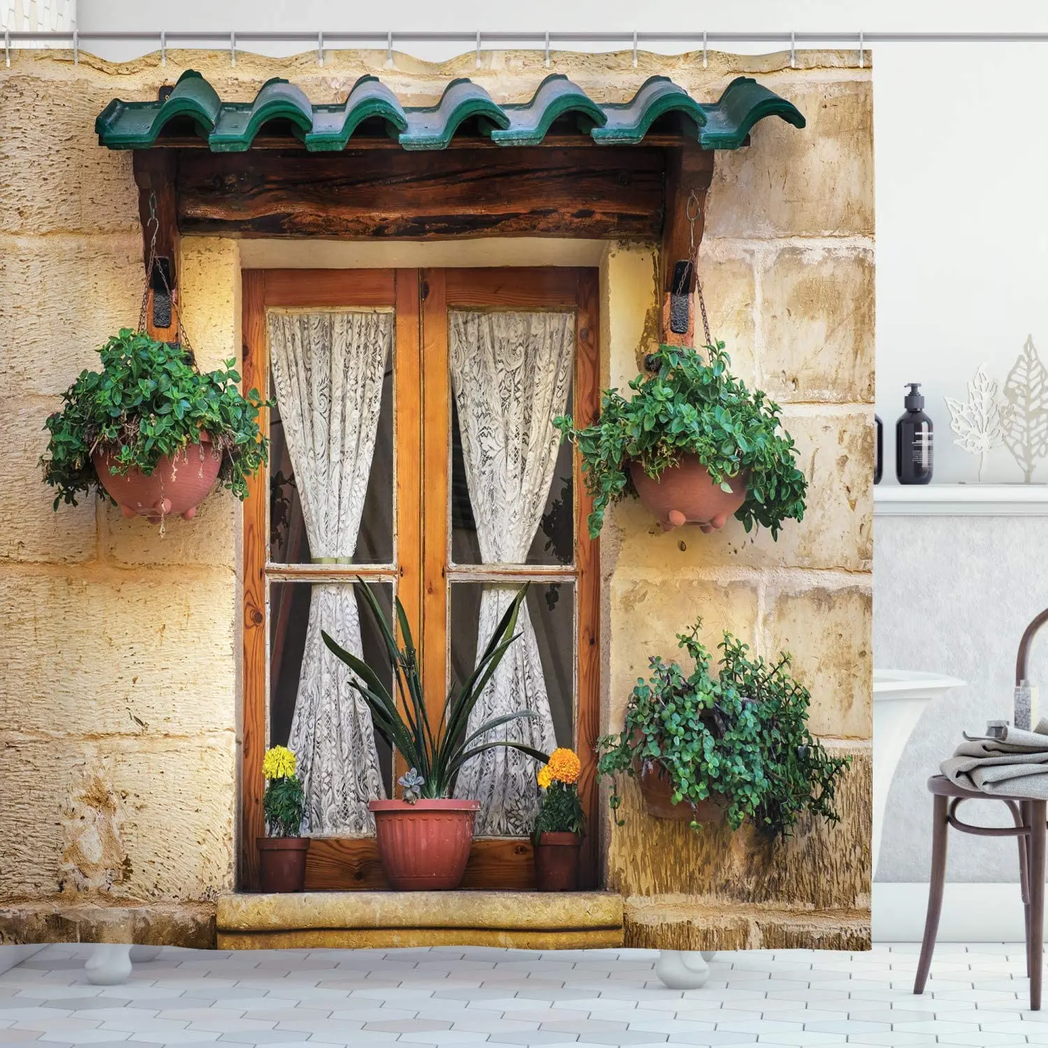 Shutters Shower Curtains Basket of Flowers Historic Building Window with Classic Lace Curtain Inside Image Fabric Bathroom Decor