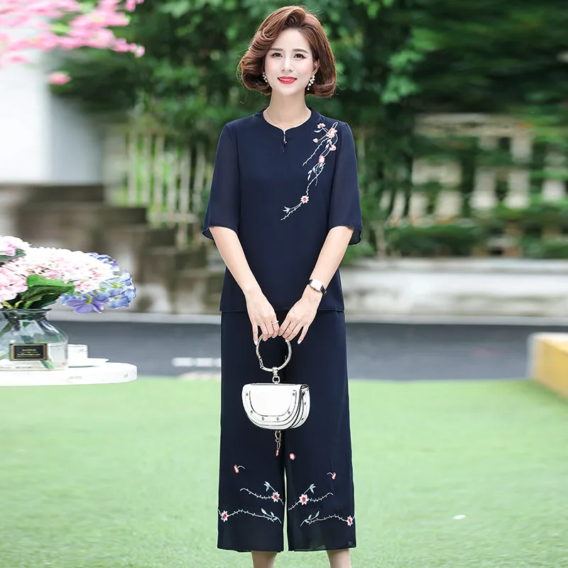 Wide Leg Pants Suits Female Summer Elegant embroidery Two-piece Set Womens Outfits Fashion Casual Chiffon Clothing Femme Mujer