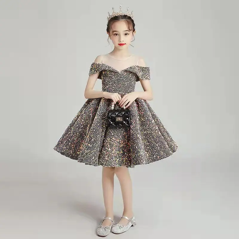 Teen Girl Children Shiny Long Dress Birthday Luxury Party Evening Sequin Dresses Kids Prom Wedding Ball Gown Fashion 5 7 12 Year