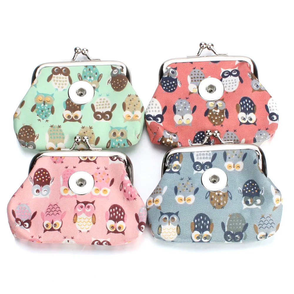 New Snap Jewelry PU Leather 18MM Snap Button Owl Coin Purses Small Wallets Pouch Kids Girl Women's Money Bags ZN069