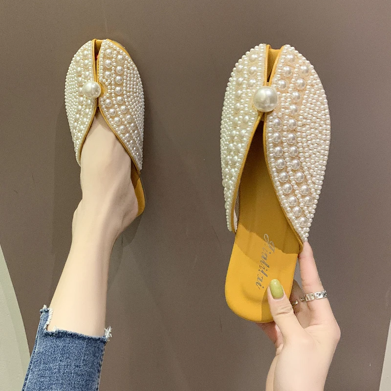 Semi-Slipper Summer Women Slippers Fashion Personality Versatile Flat Net Celebrity Sandals Lazy Pearl Beautiful Cover To Wear