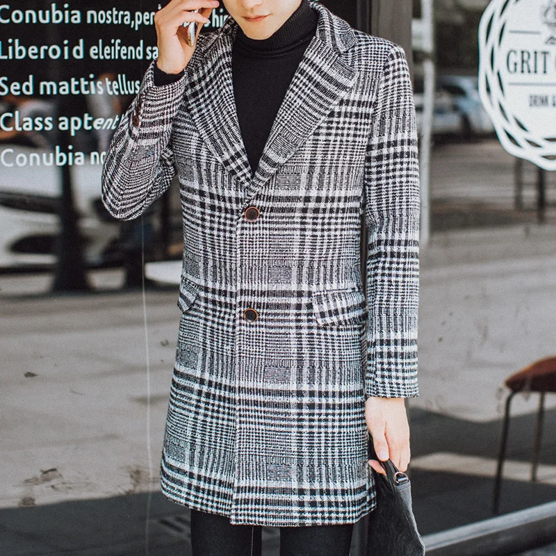 

Fashion British Style Vintage Plaid Trench Coats Windbreaker Slim Fit Retro Long Jackets Mens Clothing Wool