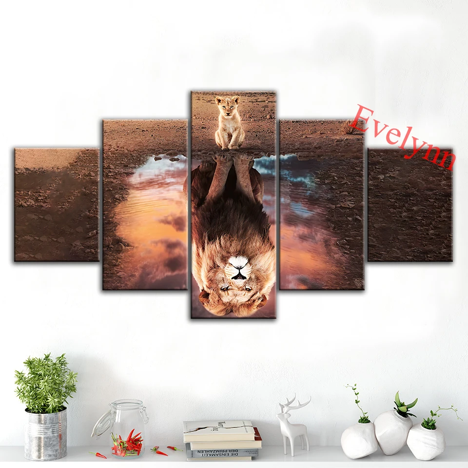 

Modern Canvas 5 Pieces Animal Reflection Lion Cub Poster Frame Hd Wall Art Print Modular Pictures for Living Room Decor Painting