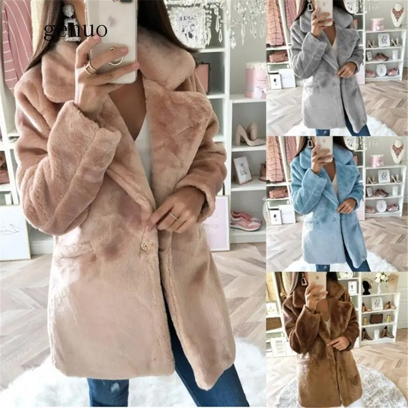 Women Fluffy Warm Fur Coat Long Sleeve Turn Down Collar Thick Fall Chic Faux Fur Soild Winter Coat