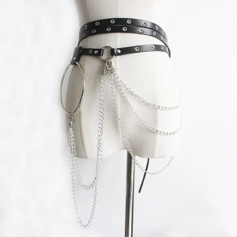 Ceinture en cuir avec chaîne pour femmes, style Punk, gothique, Sexy, noir, grand anneau rond, accessoires pour robe en jean