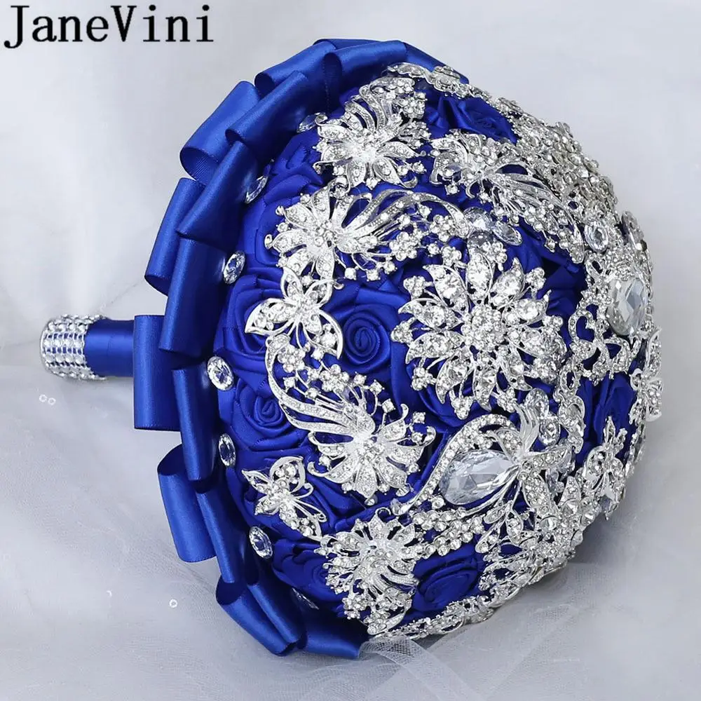 JaneVini-ramo de novia con cristales de plata Blingbling, rosa azul real, flores de boda, broche de novia con cuentas de diamantes de lujo, joyería