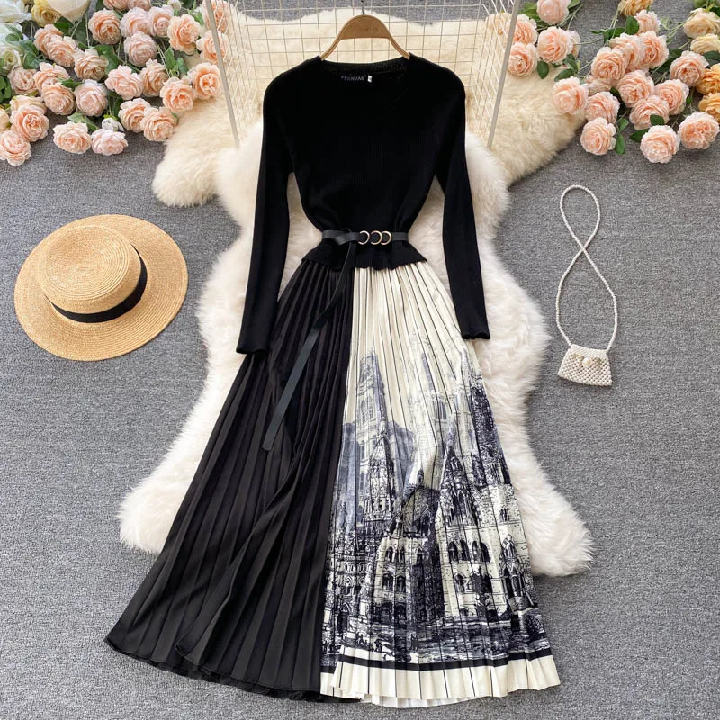 

Knit Stitching Contrast Color Pleated Dress Autumn Fashion O-Neck Long Sleeve Work Dresses For Women 2021 Elegant Clothes M659