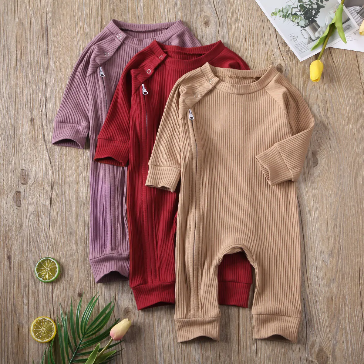 Infant Baby Girl Boy Solid Jumpsuit Long Sleeve Zipper Buttons Ribbed Jumpsuit Pure Cotton Jumpsuit Baby Round Neck Rompers