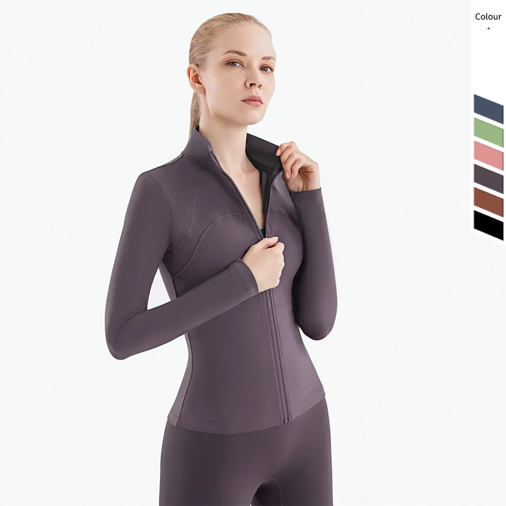 Solid Color Women Tight Sports Jacket Top Full Open Zipper Long Sleeve Fitness Sexy Yoga Shirt Coat Stand-up Collar Gym Workout