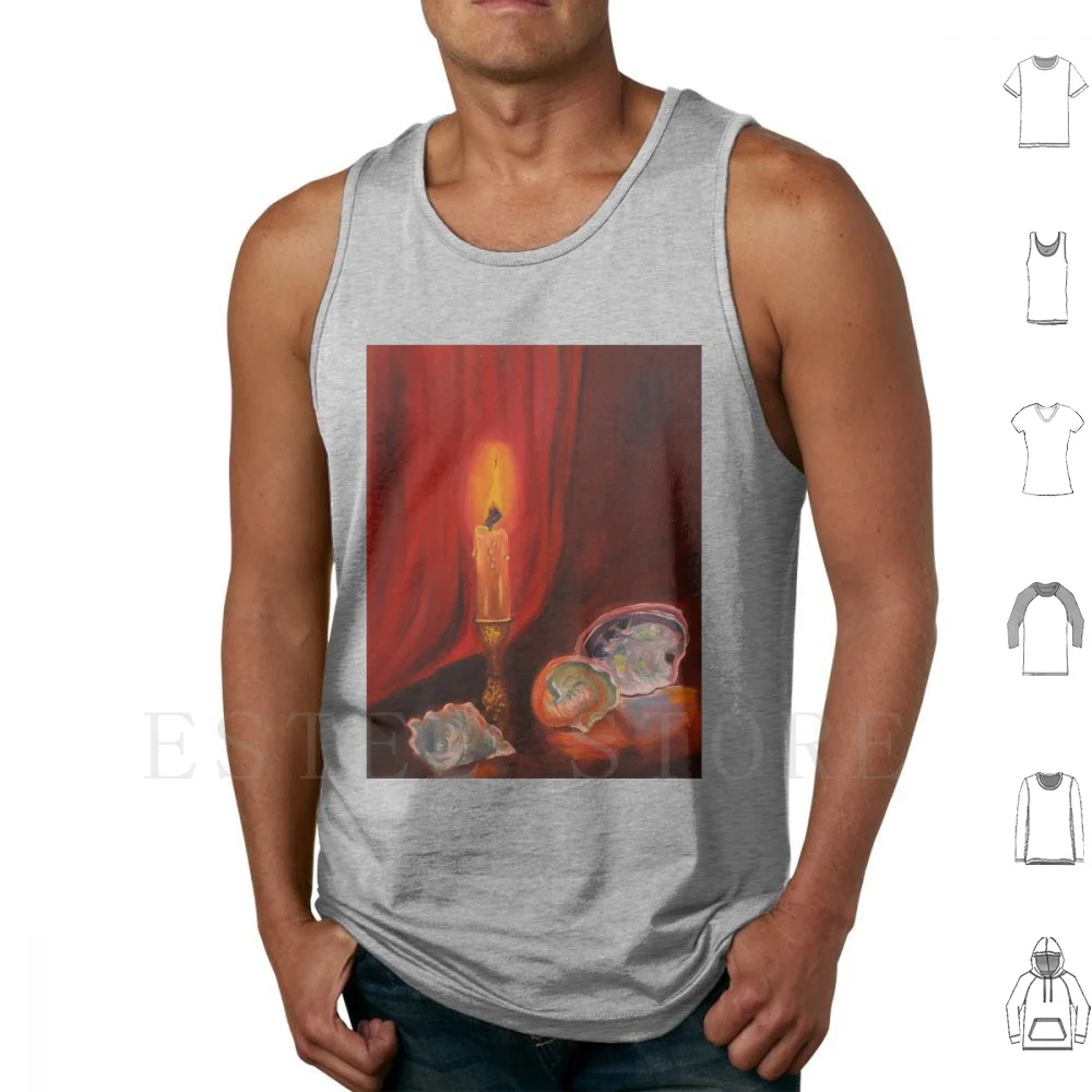 Flickering Flame Tank Tops Vest Sleeveless Burning Candle Sea Shells Dazzling Glowing Light Glowing Aura Meditative Energy