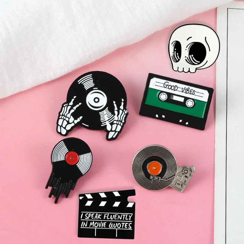 Music Movie DJ Lapel Metal Pins Vinyl Records Magnetic tape Record board Brooches Badges Backpack Pins Jewelry Gifts For Friends
