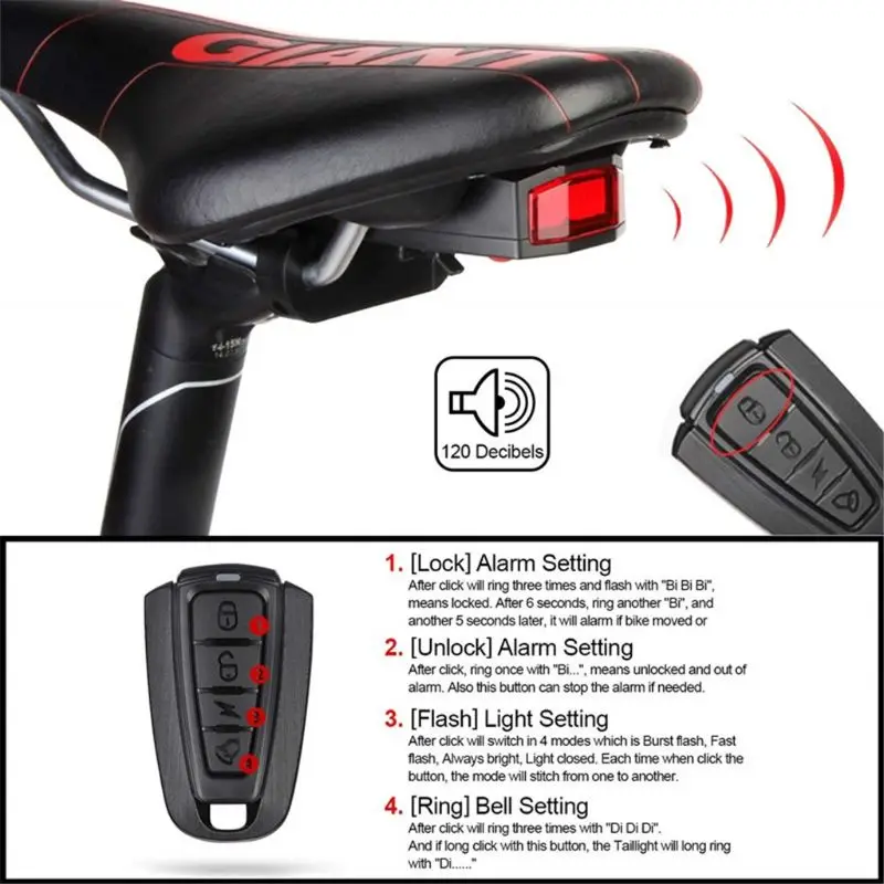 4 In 1 Anti-theft Bicycle Security Alarm Wireless Remote Control Alerter Taillights Lock Warner Waterproof Bike Lamp Accessory