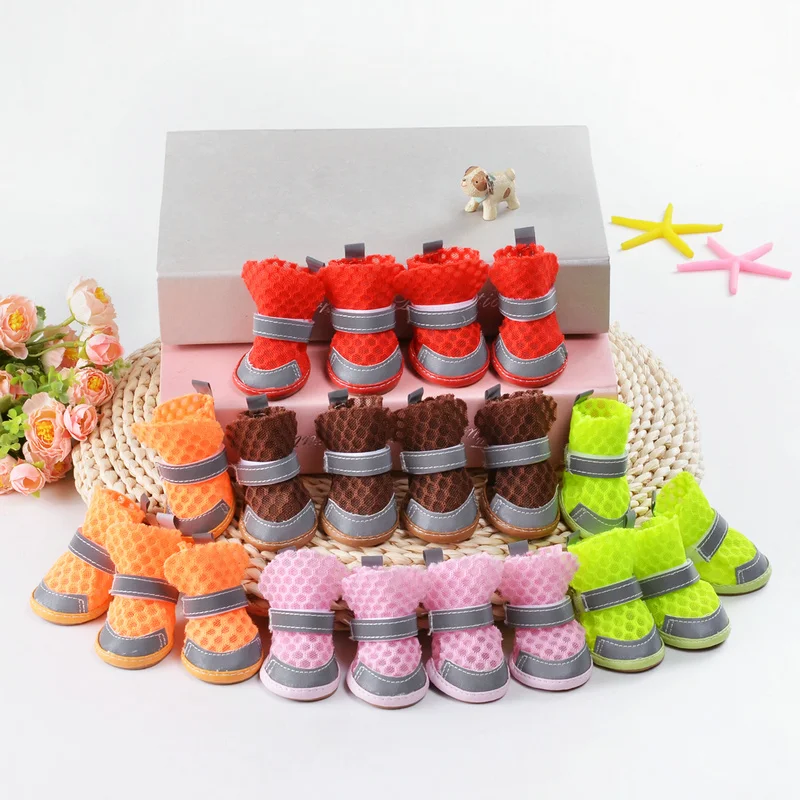 4 Pcs/lot Dog Shoes for Pet Teddy Soft Breathable Net Shoes Pet Boots Paw Protector Reflective Straps Anti-slip Puppy Shoes