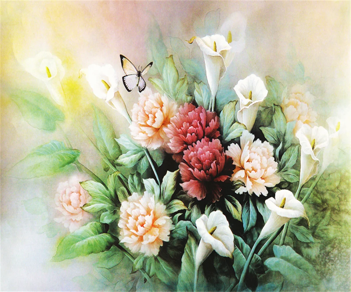 

European and American beautiful hand-painted flowers simple background wallpaper custom home wallpaper wallpaper papel de parede