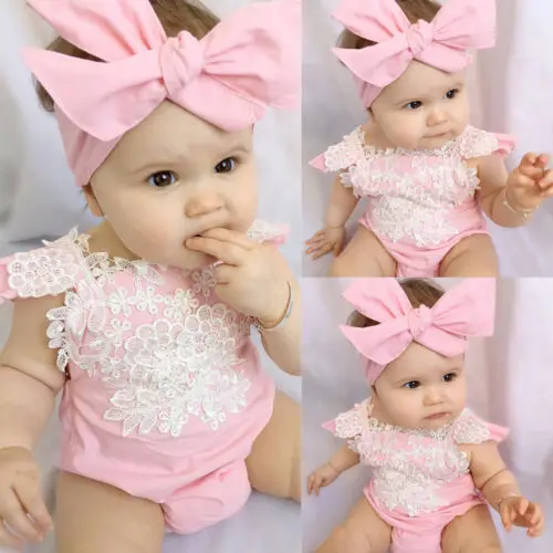 2 PCS Newborn Infant Baby Girls sleeveless Rompers Lace Floral Jumpsuit Playsuit Outfits Sunsuit