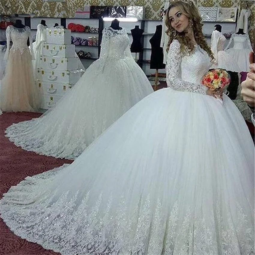 Luxury Appliques Lace Tulle Wedding Dresses Princess Ball Gown Bridal Gowns Sequined Long Sleeve Wedding Dress Long Train