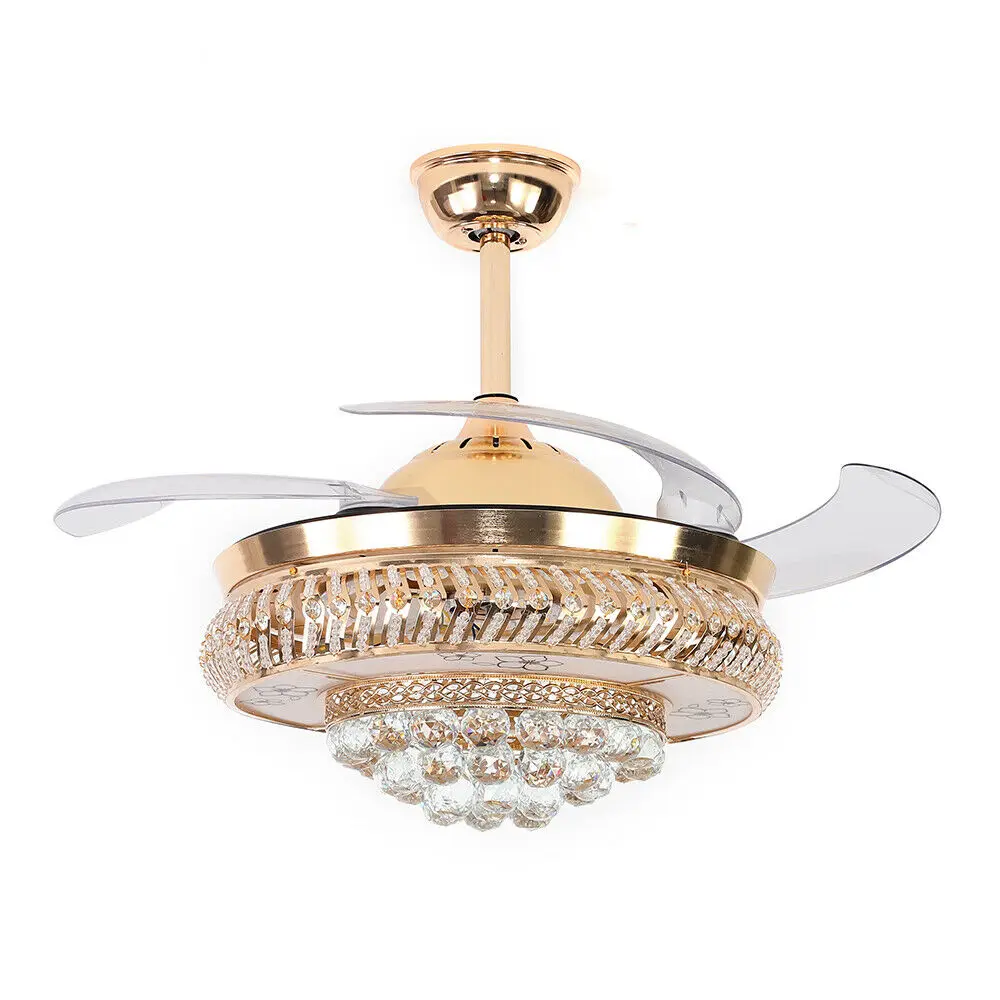 OUKANING Modern Retractable Crystal Ceiling Fan with Light and Remote Control LED Ceiling Light Chandelier Ceiling Fan