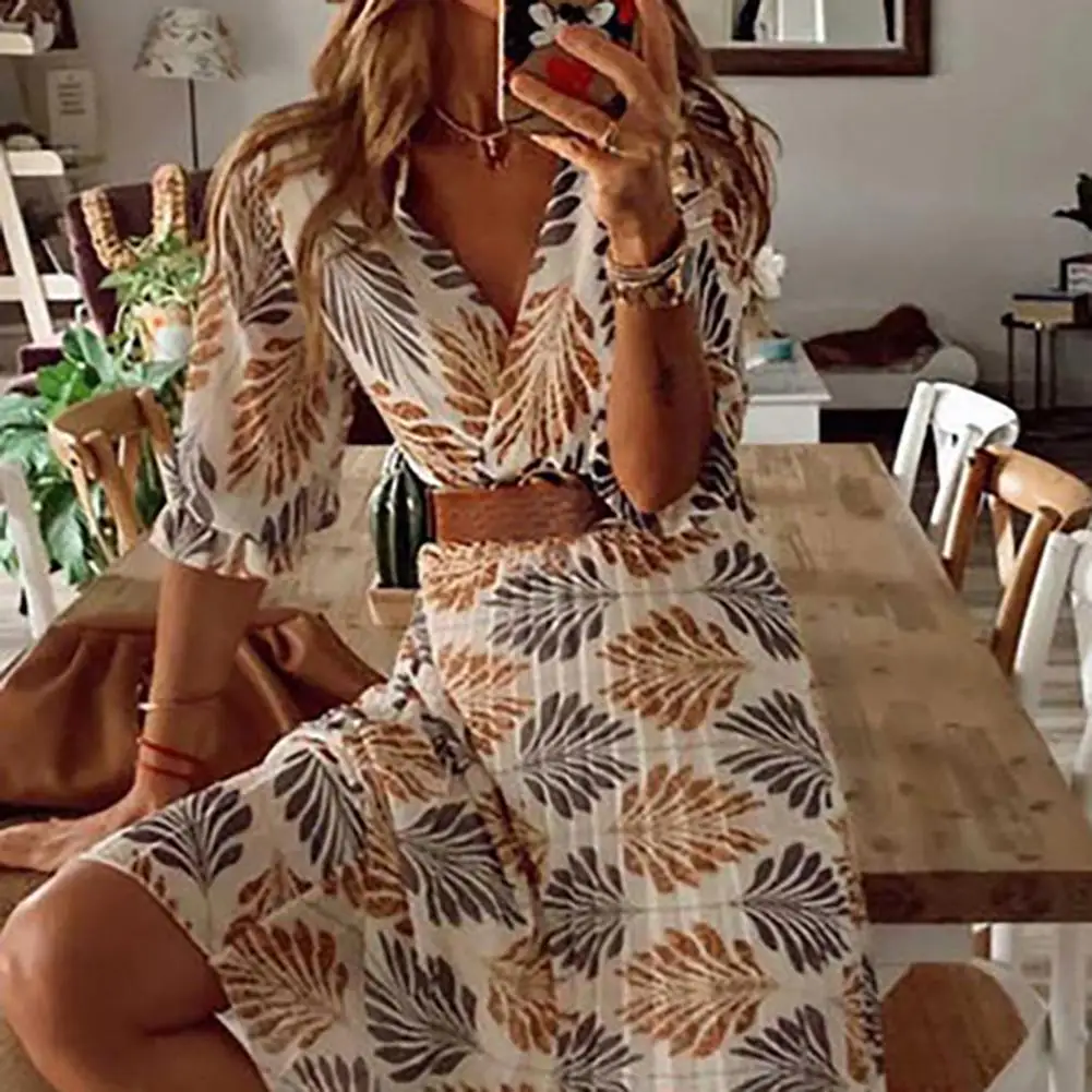 Summer Maxi Dresses for Women 2021 Bohemian Vintage Print Short Sleeve V-neck High Waist Loose Casual Long Dress Set Beach