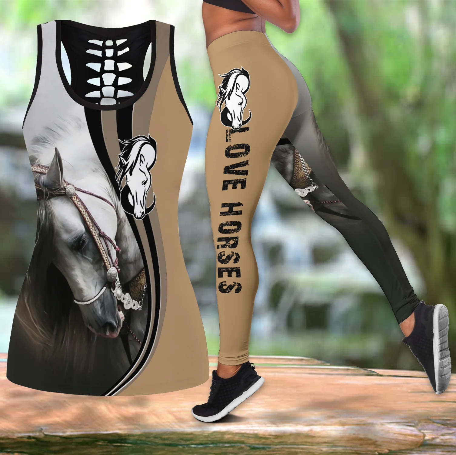 Beautiful Love Horse 3D All Over Printed Hollow Tank Top & Leggings Set Fitness Female Full Length Leggings Running Pants DDK76