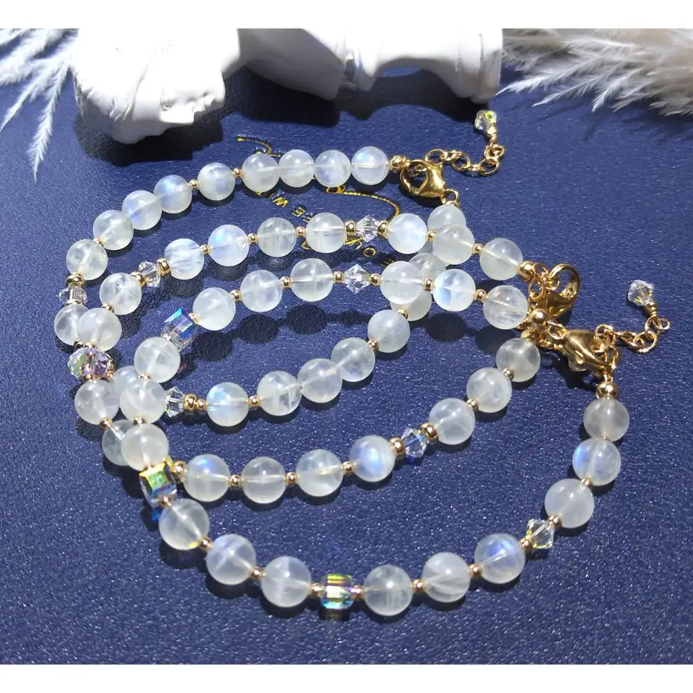 

Lii Ji 6mm Moonstone Natural Real Stone With Austrian Crystal 14K Gold Filled/Gold Injection Bracelet 18+3cm