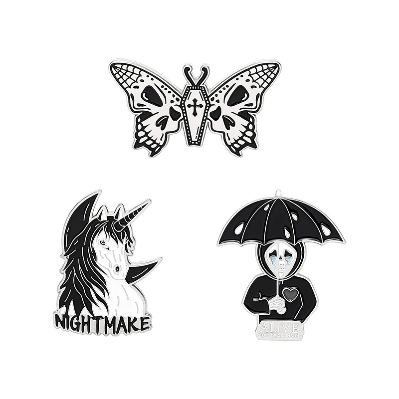 Gothic Skull Enamel Pin Custom Horse Umbrella Skeleton Butterfly Brooch Bag Clothes Lapel Pins Badge Punk Jewelry Gift for Women