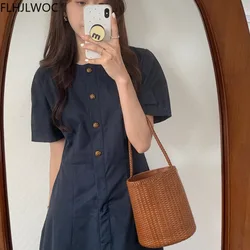 2021 Chic Korea Fashion Clothes Cute Women Office Lady Solid Single Breasted Button Long Shirt Dress