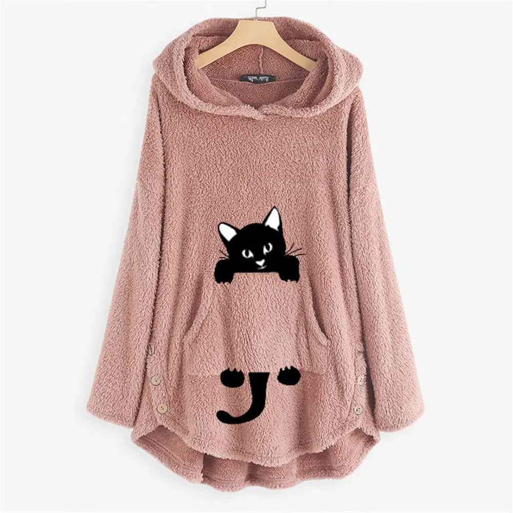 

Women Winter Oversized Fleece Sweater Plus Size 5XL Cute Cat Applique Warm Fluffy Robe Hooded Teddy Fuzzy Sweaters Home Wear