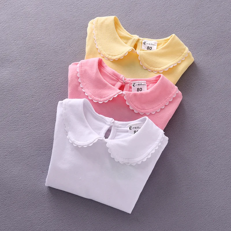 Kids T Shirts Spring Autumn Girls T-shirts Clothing Long Sleeve Peter Pan Collar Solid Color Cotton Children\'s Tops Tees Clothes