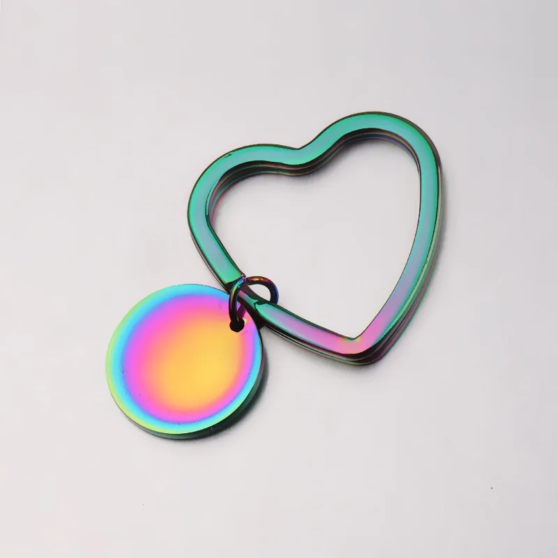 20pcs 5color 4size New mirror polished stainless steel key ring round hangtag peach heart smooth surface lettering Pendant