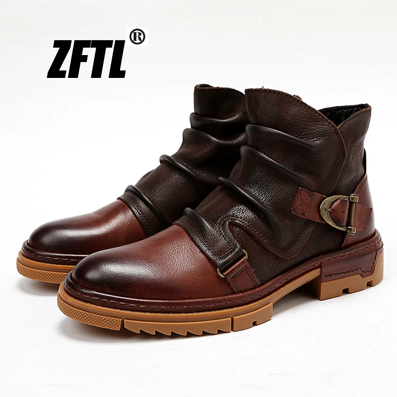 ZFTL NEW men\'s casual Basic boots Men\'s Retro Genuine Leather handmade Men\'s zipper Ankle bots Male Tooling Chelsea boots 2023