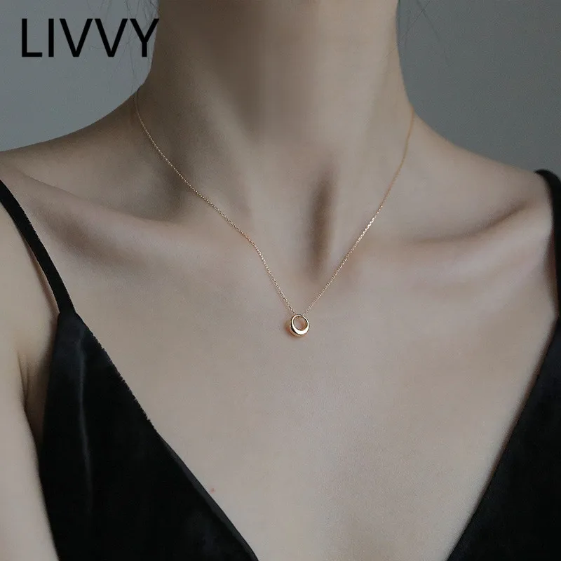 LIVVY  Silver Color Geometric Round Clavicle Chain Necklace For Women Simple Trendy Birthday Party Jewelry Gifts