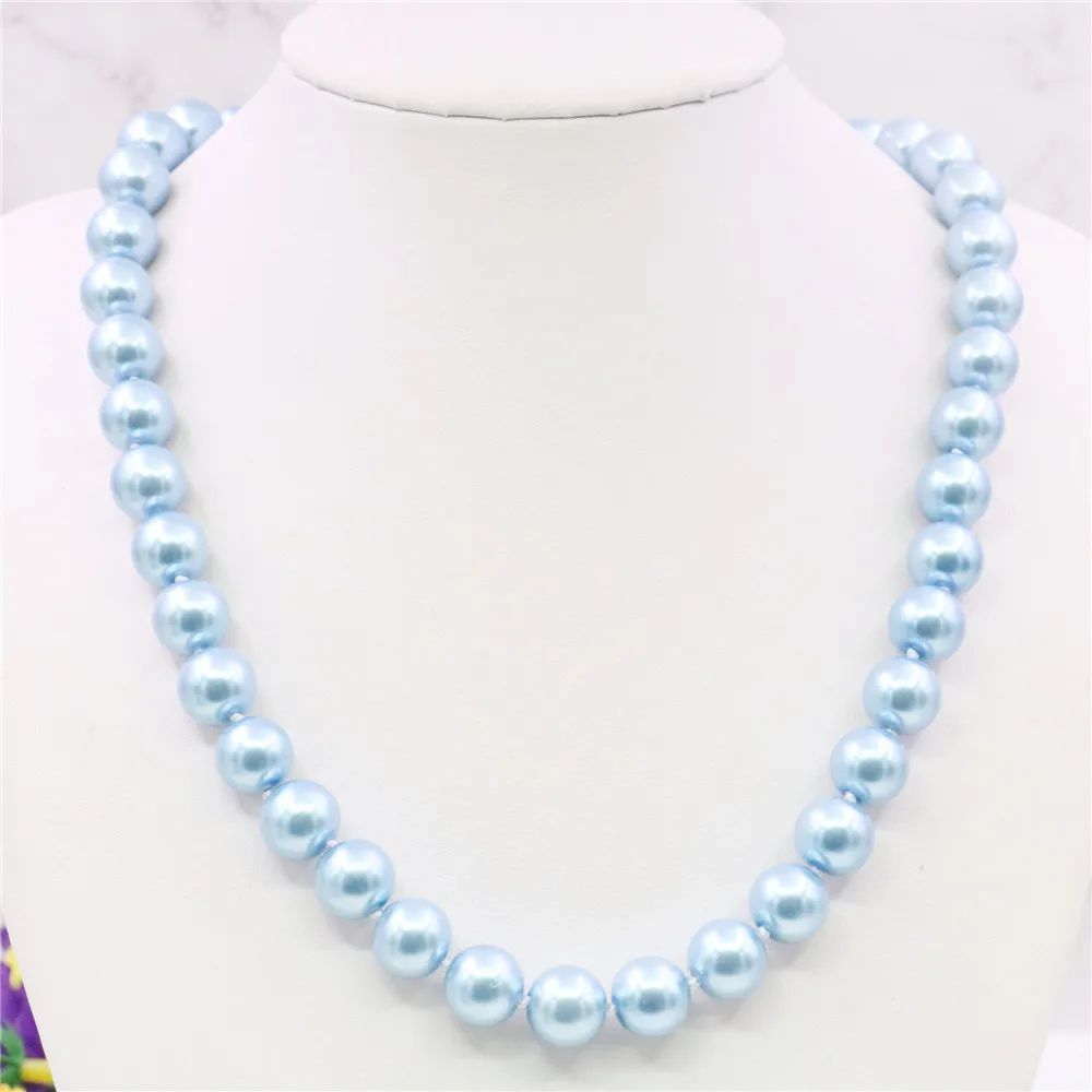 10mm Round Sky Blue Pearl Shell Necklace Women Girls Hand Made Jewelry Making Design Fashion Accessory Gifts For Mother