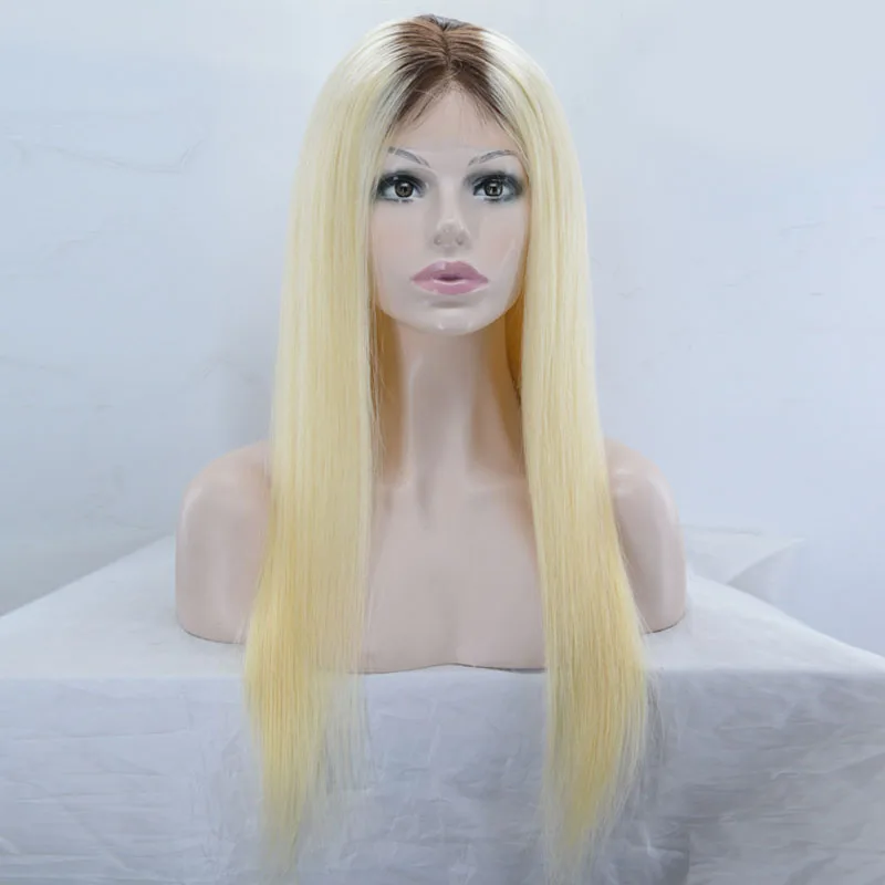 Perruque lace front wig longue et lisse, cheveux naturels, perruque de costume, racine foncée, blonde claire, pour femmes