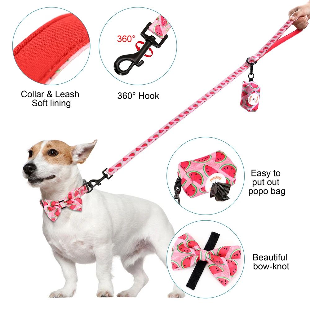 Imagem -04 - Nylon Dog Collar Arnês e Trela Conjunto Coleiras Impressão com Gravata Borboleta Bolsa de Cocô Bandana Cães Pequenos e Médios Pet Colete Corda Levando